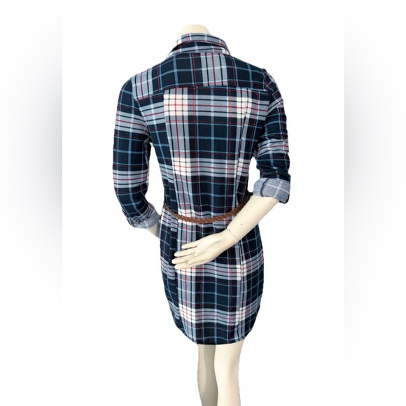 Passport Plaid Button Down Shirt Dress Women’s M Blue Belted Roll Tab Sleeve - Picture 3 of 6